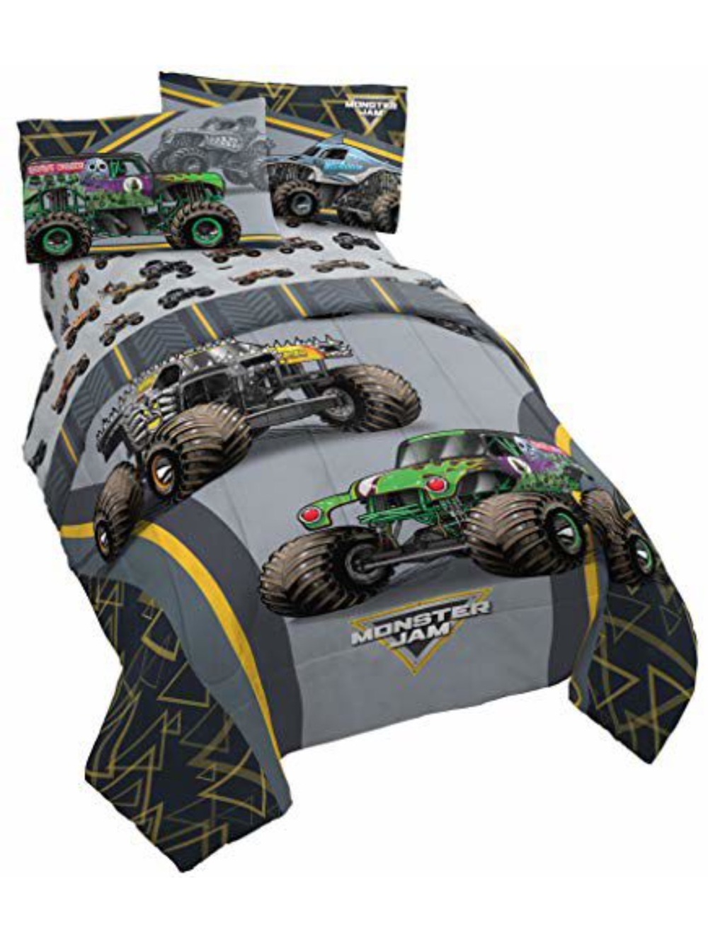 Monster Jam Twin Comforter Set - Gray with Green & Yellow Truck Design